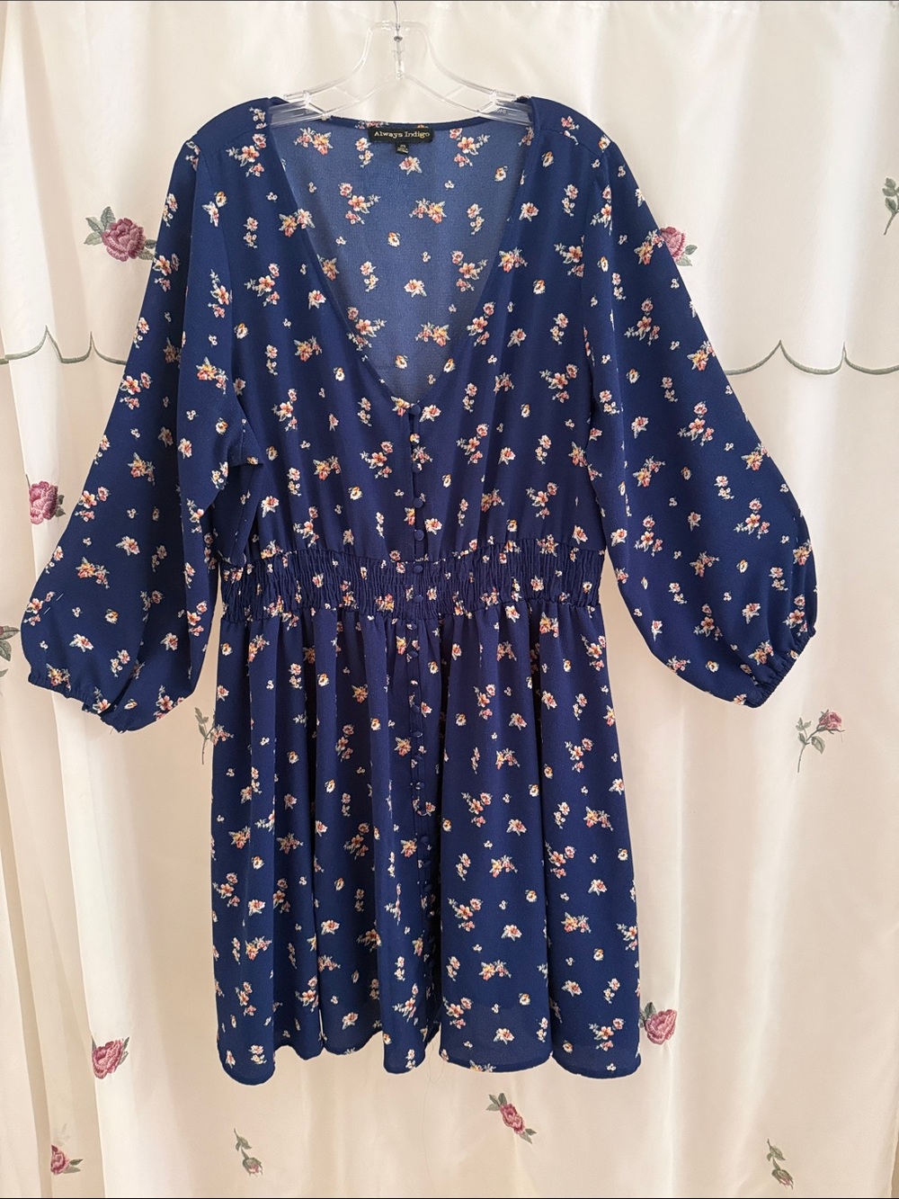 Always Indigo Navy Floral Smocked-Waist Midi Dress